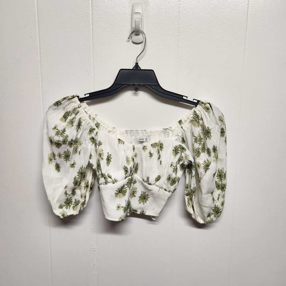Abercrombie & Fitch Crop Blouse Womens XS White Floral Off Shoulder Puff Sleeve